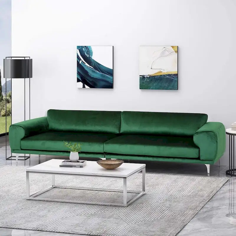 Emerald Green Velvet Four-Seat Sofa Solid Wood Frame Metal Legs Plush Cushions