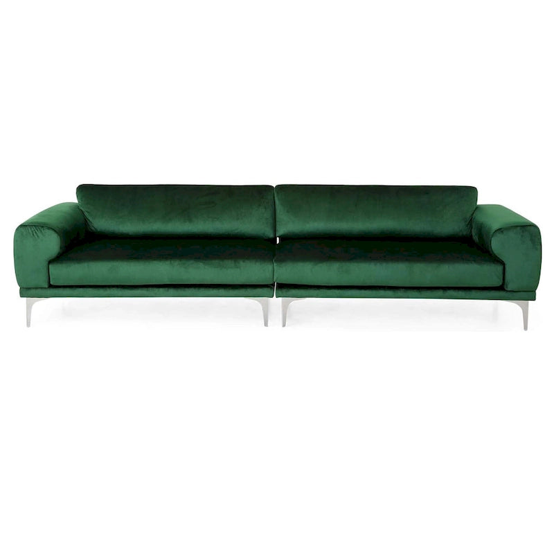 Emerald Green Velvet Four-Seat Sofa Solid Wood Frame Metal Legs Plush Cushions