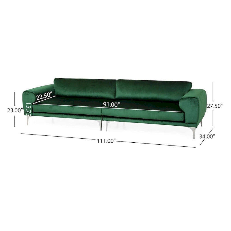 Emerald Green Velvet Four-Seat Sofa Solid Wood Frame Metal Legs Plush Cushions