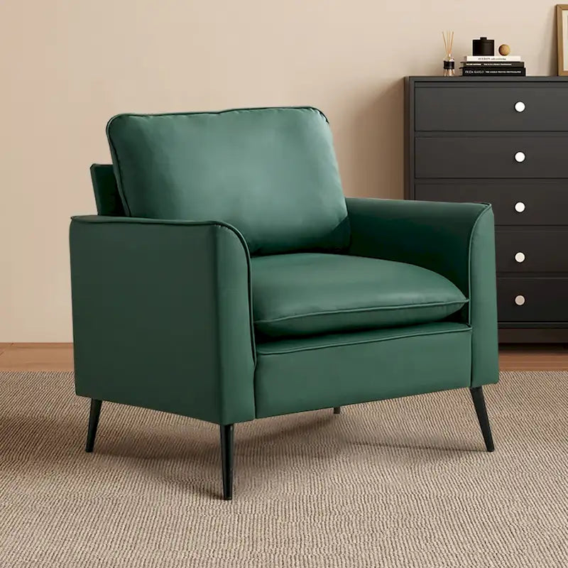 Green Faux Leather Upholstered Accent Chair with Cushions and Metal Legs