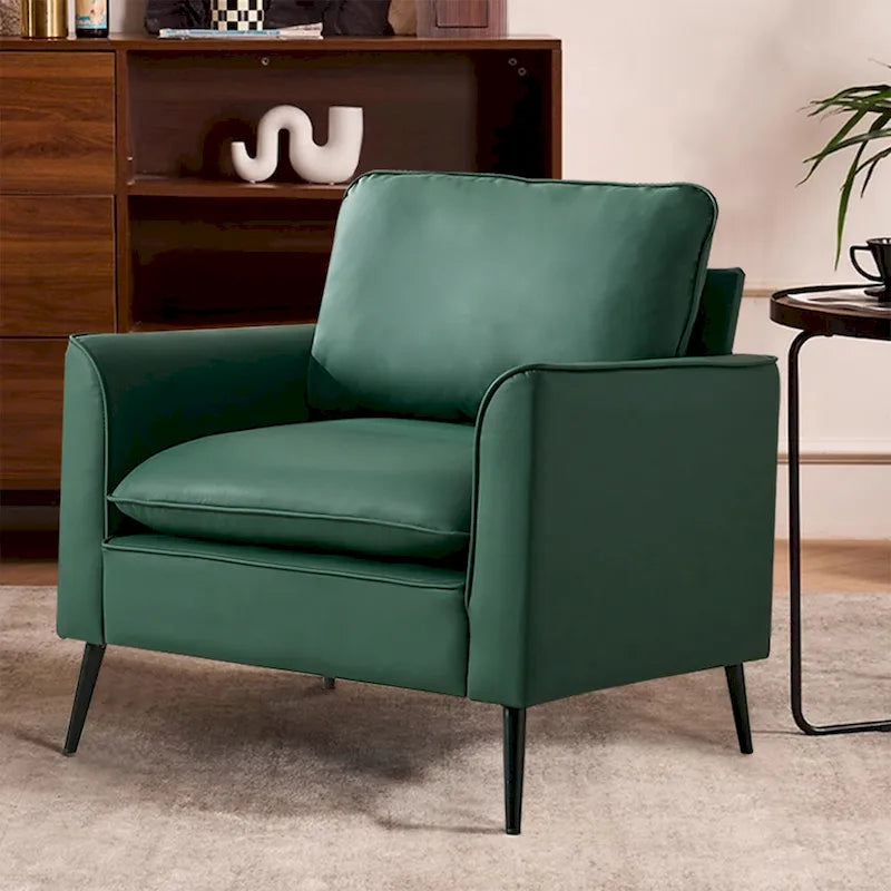 Green Faux Leather Upholstered Accent Chair with Cushions and Metal Legs
