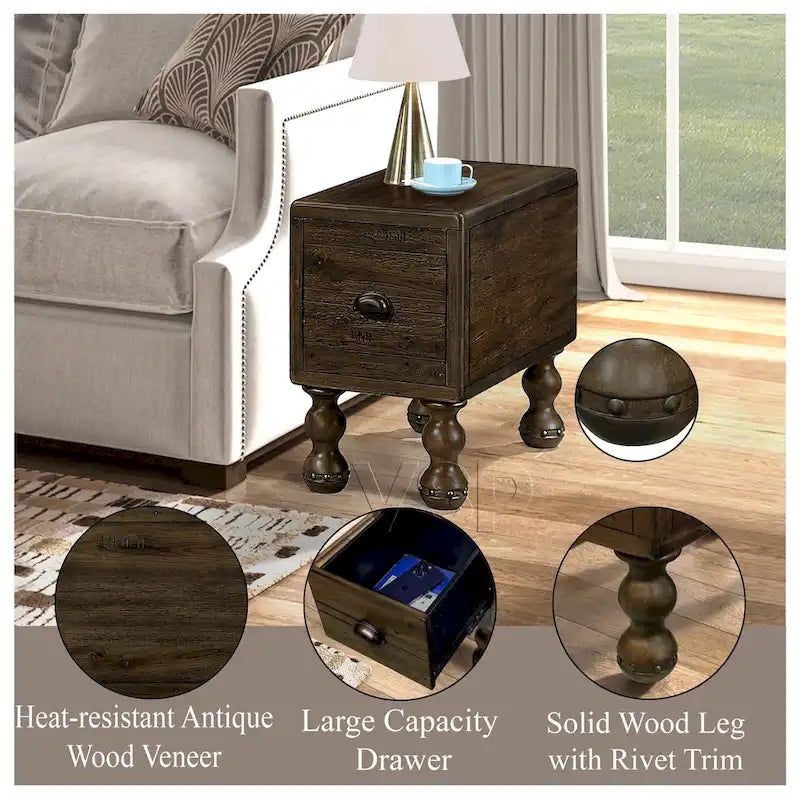 Solid Wood End Table, Rectangle 23.6 inch Narrow Side Table with Drawer, Vintage Bedside Table Nightstand for Small Spaces