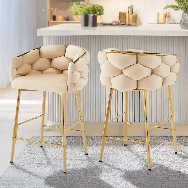 Modern 28-Inch Set of 2 Bar Stools with Velvet Padded Backrest Seat, Metal Legs for Dining Room Living Room and Bedroom
