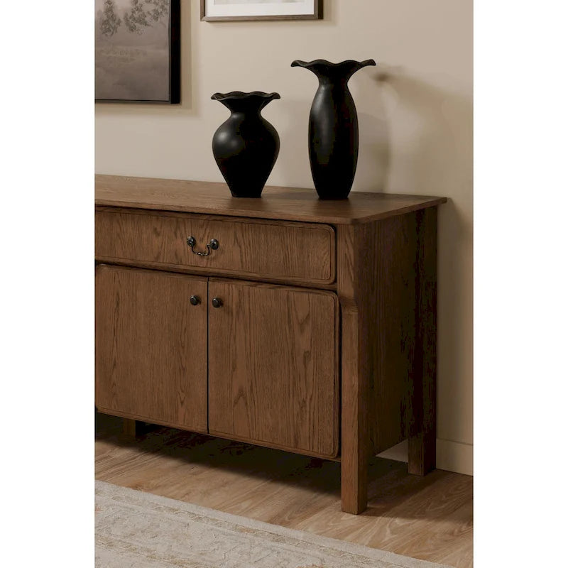 Warm Brown Oak Sideboard with Drawers and Curved Legs