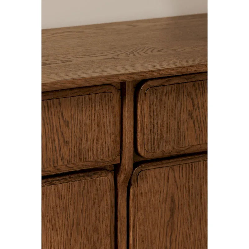 Warm Brown Oak Sideboard with Drawers and Curved Legs