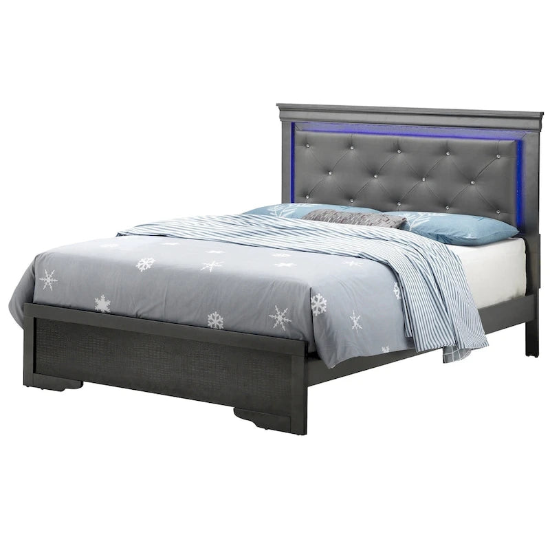Metallic Upholstered Jewel Tufted Queen Panel Bed with LED Lights - 85 - Black