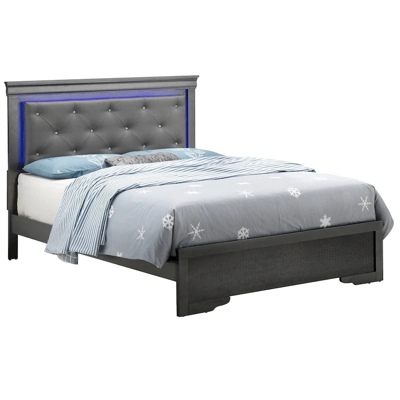 Metallic Upholstered Jewel Tufted Queen Panel Bed with LED Lights - 85 - Black