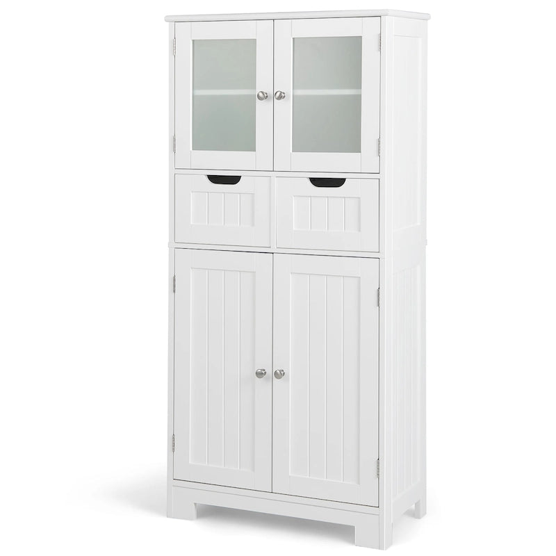 4-Door Floor Storage Cabinet with Drawers, Tempered Glass, White/Grey/Black