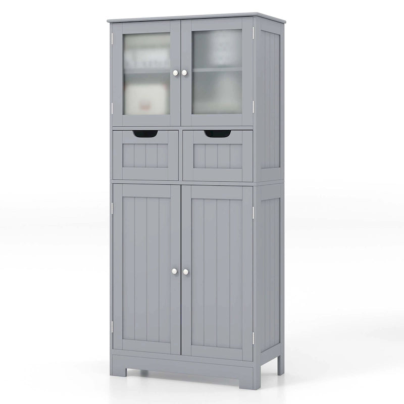 4-Door Floor Storage Cabinet with Drawers, Tempered Glass, White/Grey/Black
