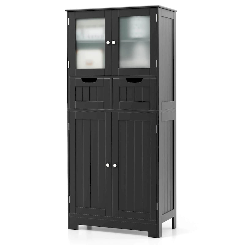 4-Door Floor Storage Cabinet with Drawers, Tempered Glass, White/Grey/Black
