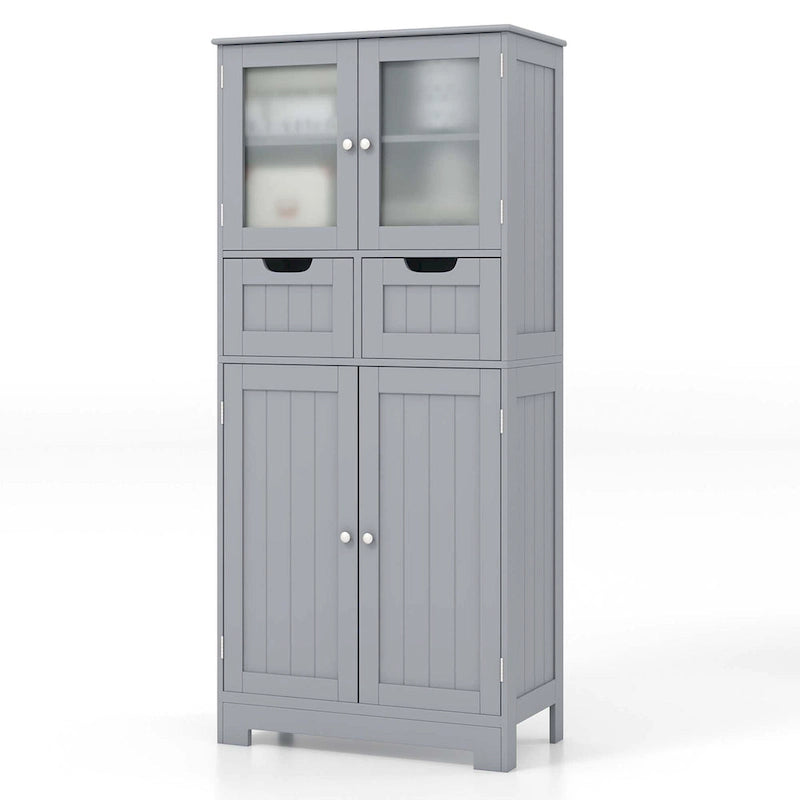 4-Door Floor Storage Cabinet with Drawers, Tempered Glass, White/Grey/Black