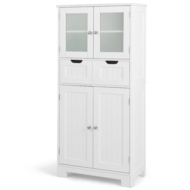 4-Door Floor Storage Cabinet with Drawers, Tempered Glass, White/Grey/Black