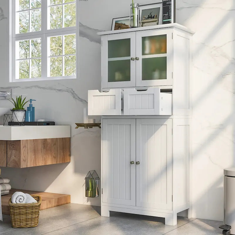 4-Door Floor Storage Cabinet with Drawers, Tempered Glass, White/Grey/Black