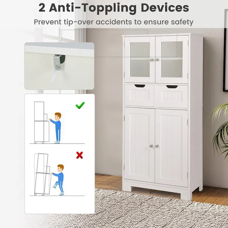 4-Door Floor Storage Cabinet with Drawers, Tempered Glass, White/Grey/Black