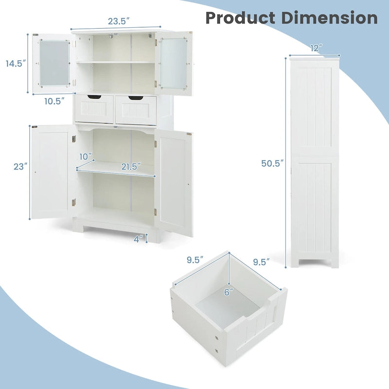 4-Door Floor Storage Cabinet with Drawers, Tempered Glass, White/Grey/Black