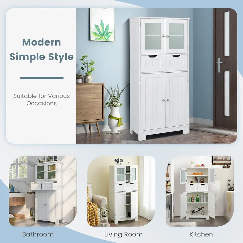 4-Door Floor Storage Cabinet with Drawers, Tempered Glass, White/Grey/Black