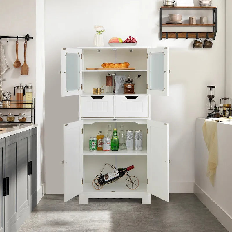 4-Door Floor Storage Cabinet with Drawers, Tempered Glass, White/Grey/Black