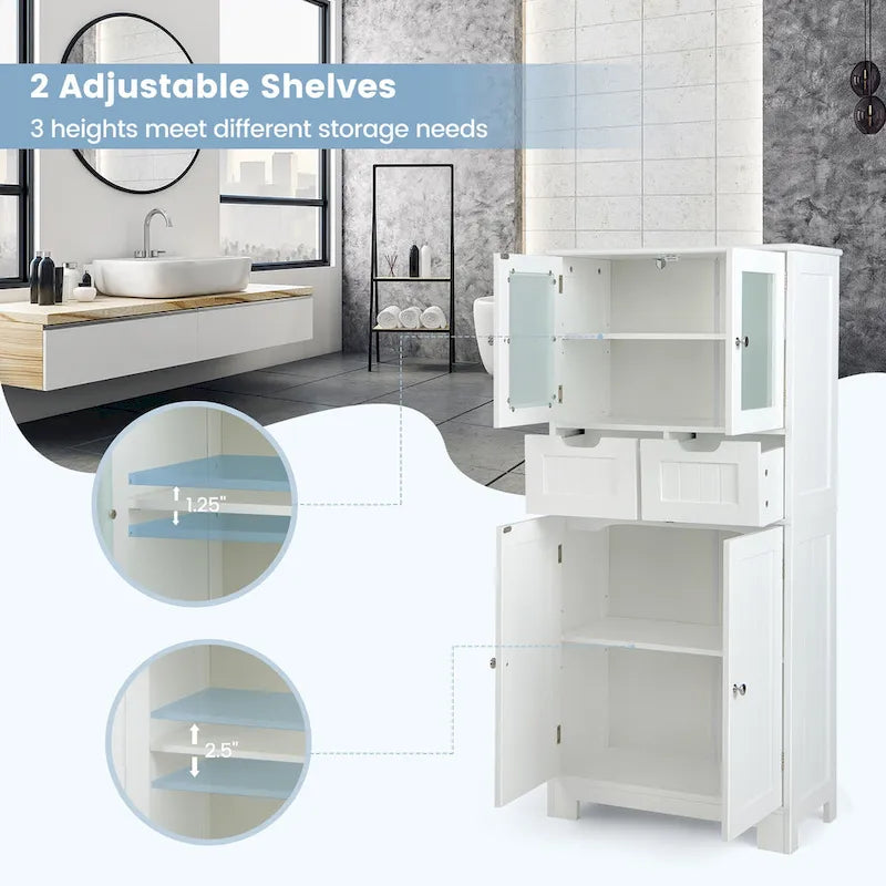 4-Door Floor Storage Cabinet with Drawers, Tempered Glass, White/Grey/Black