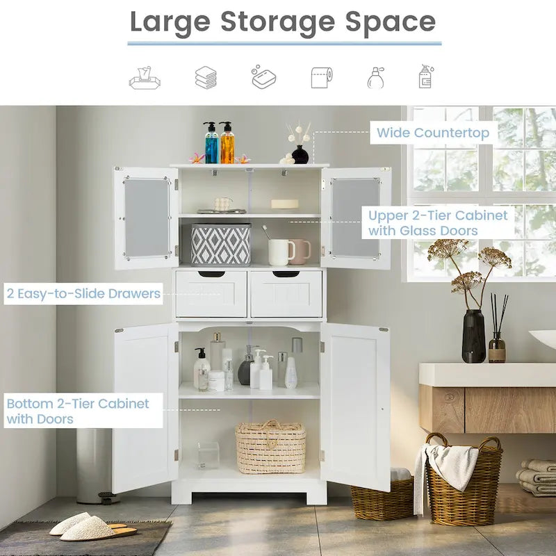 4-Door Floor Storage Cabinet with Drawers, Tempered Glass, White/Grey/Black