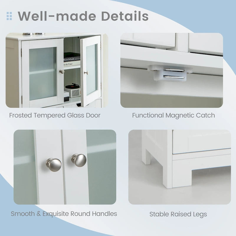 4-Door Floor Storage Cabinet with Drawers, Tempered Glass, White/Grey/Black