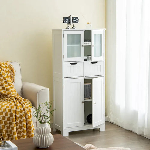 4-Door Floor Storage Cabinet with Drawers, Tempered Glass, White/Grey/Black