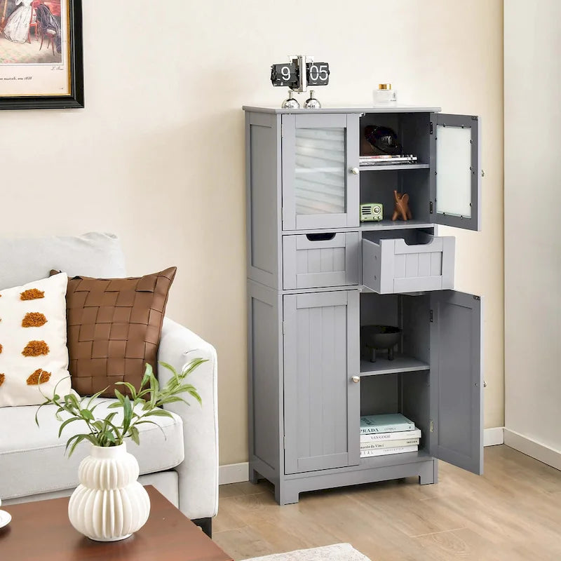 4-Door Floor Storage Cabinet with Drawers, Tempered Glass, White/Grey/Black