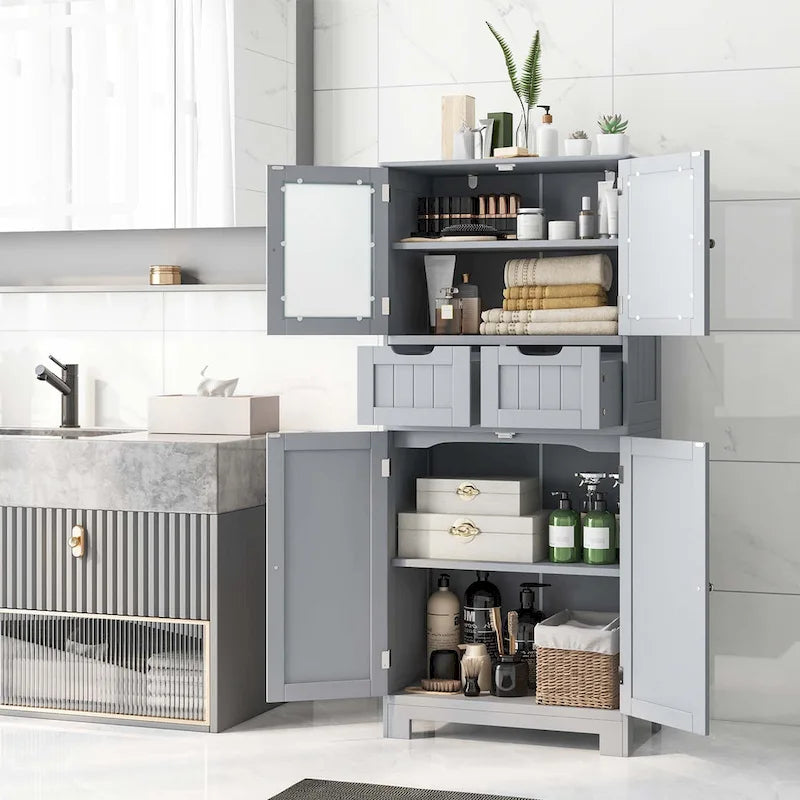 4-Door Floor Storage Cabinet with Drawers, Tempered Glass, White/Grey/Black