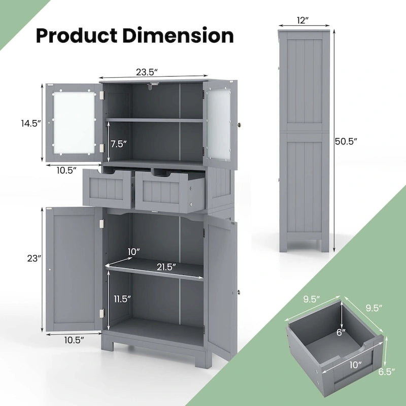 4-Door Floor Storage Cabinet with Drawers, Tempered Glass, White/Grey/Black