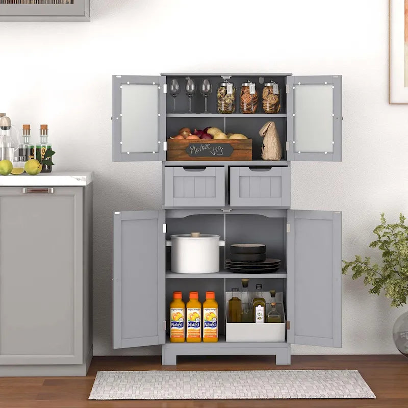 4-Door Floor Storage Cabinet with Drawers, Tempered Glass, White/Grey/Black