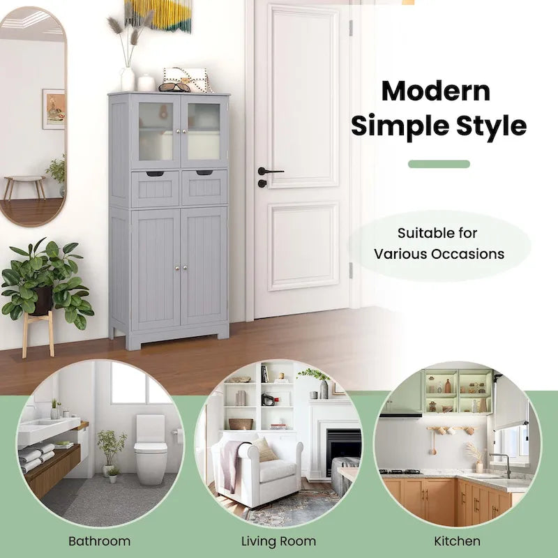 4-Door Floor Storage Cabinet with Drawers, Tempered Glass, White/Grey/Black