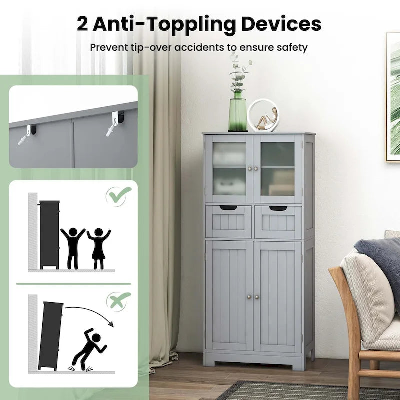 4-Door Floor Storage Cabinet with Drawers, Tempered Glass, White/Grey/Black
