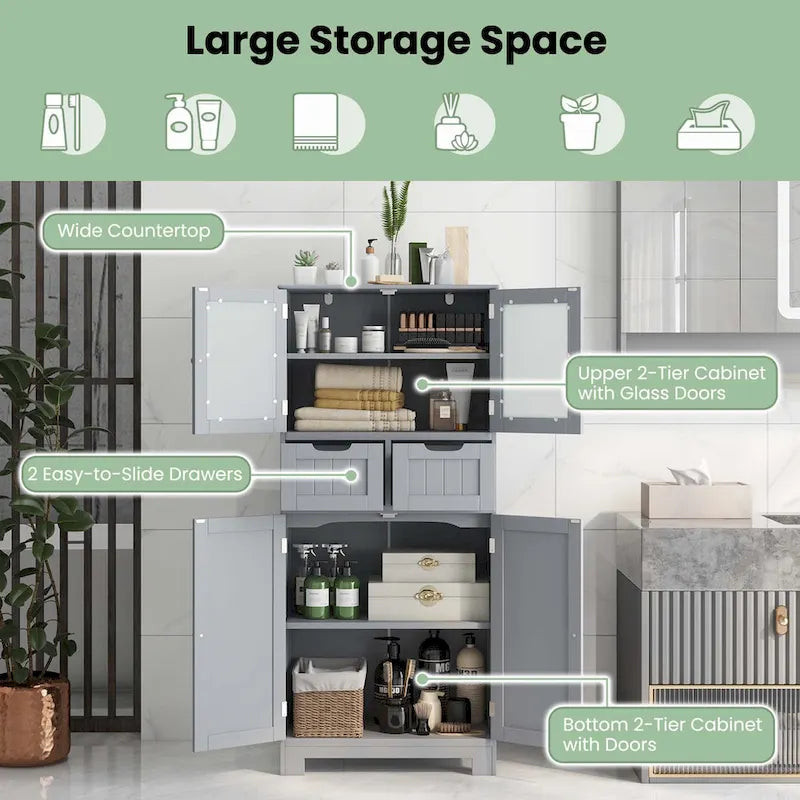 4-Door Floor Storage Cabinet with Drawers, Tempered Glass, White/Grey/Black