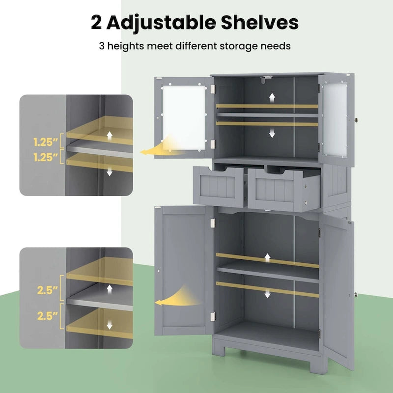 4-Door Floor Storage Cabinet with Drawers, Tempered Glass, White/Grey/Black