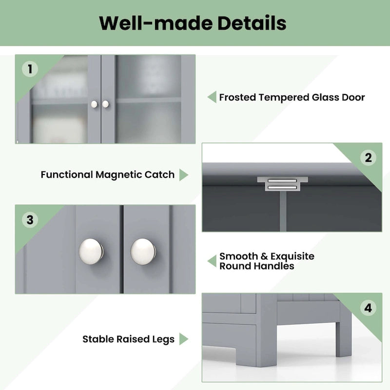4-Door Floor Storage Cabinet with Drawers, Tempered Glass, White/Grey/Black