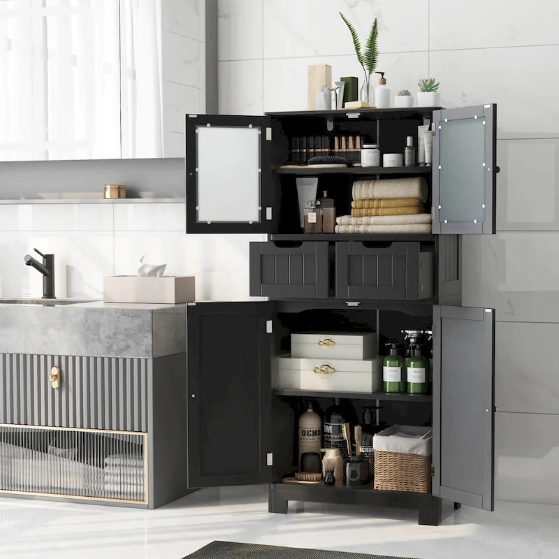 4-Door Floor Storage Cabinet with Drawers, Tempered Glass, White/Grey/Black