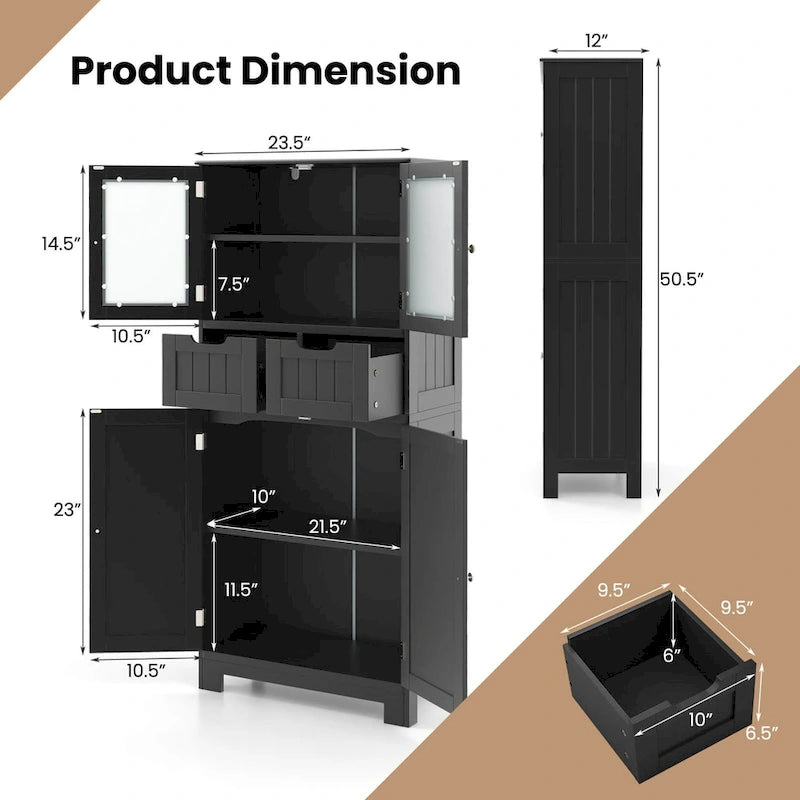 4-Door Floor Storage Cabinet with Drawers, Tempered Glass, White/Grey/Black