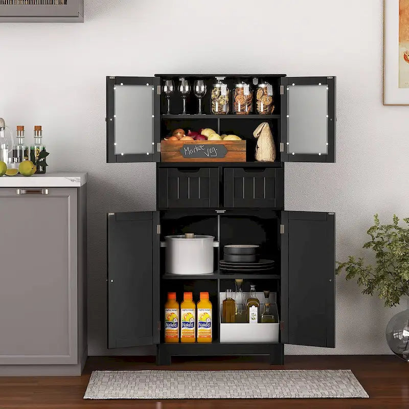 4-Door Floor Storage Cabinet with Drawers, Tempered Glass, White/Grey/Black