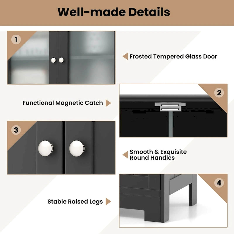 4-Door Floor Storage Cabinet with Drawers, Tempered Glass, White/Grey/Black