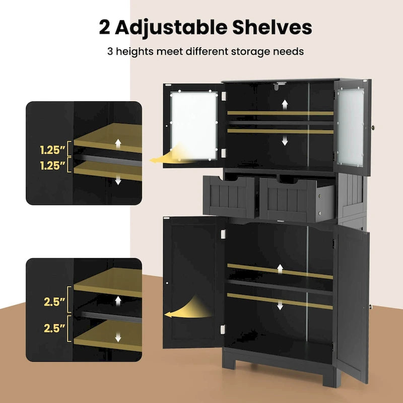 4-Door Floor Storage Cabinet with Drawers, Tempered Glass, White/Grey/Black