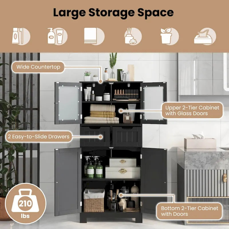 4-Door Floor Storage Cabinet with Drawers, Tempered Glass, White/Grey/Black