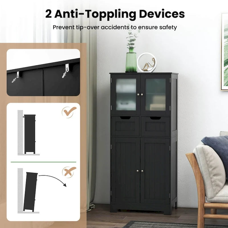 4-Door Floor Storage Cabinet with Drawers, Tempered Glass, White/Grey/Black