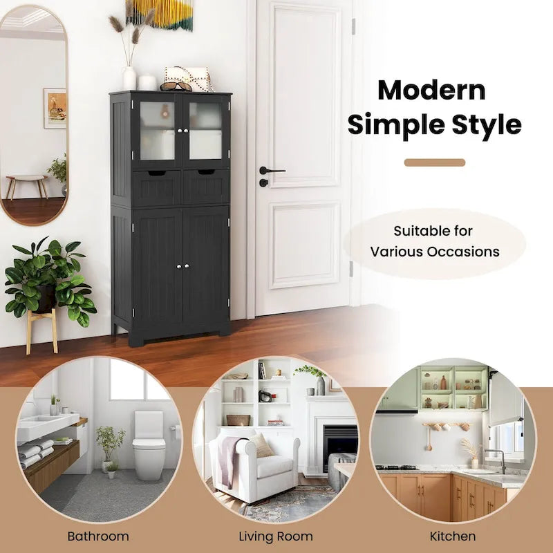 4-Door Floor Storage Cabinet with Drawers, Tempered Glass, White/Grey/Black