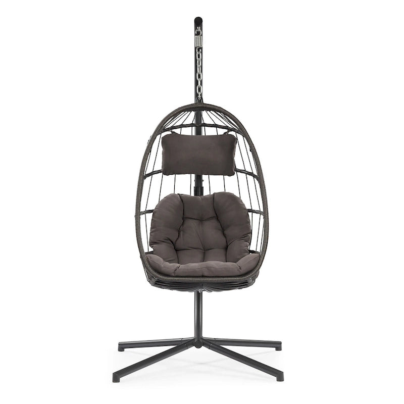 Hanging Egg Chair with Stand, Gray Wicker Rattan Swing Chair with Cushion