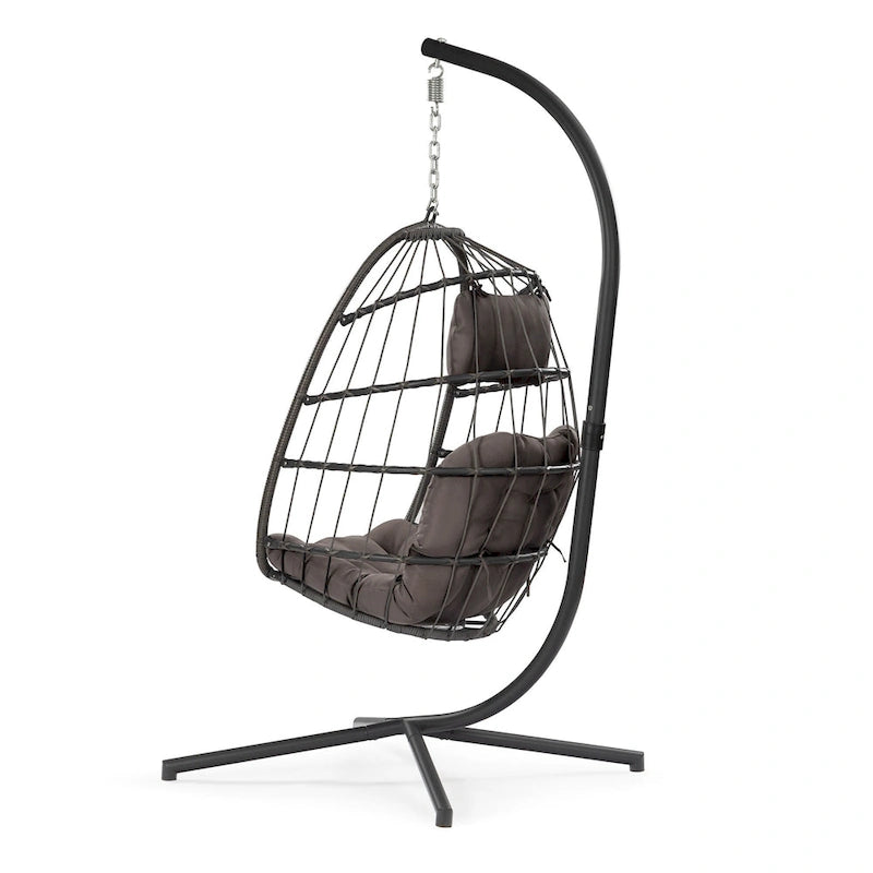 Hanging Egg Chair with Stand, Gray Wicker Rattan Swing Chair with Cushion