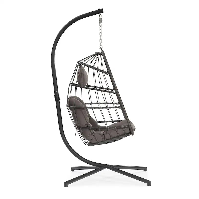 Hanging Egg Chair with Stand, Gray Wicker Rattan Swing Chair with Cushion