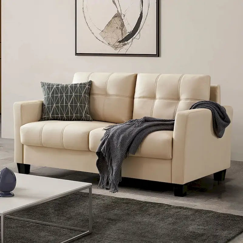 Tufted Faux Leather 2-Seater Loveseat Sofa Light Brown Beige