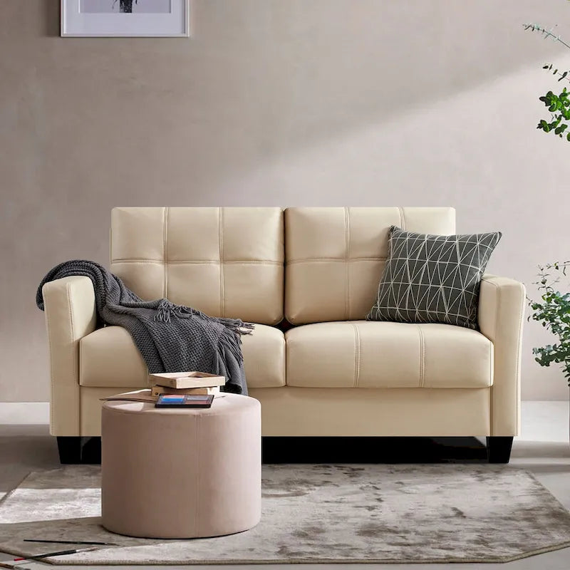 Tufted Faux Leather 2-Seater Loveseat Sofa Light Brown Beige