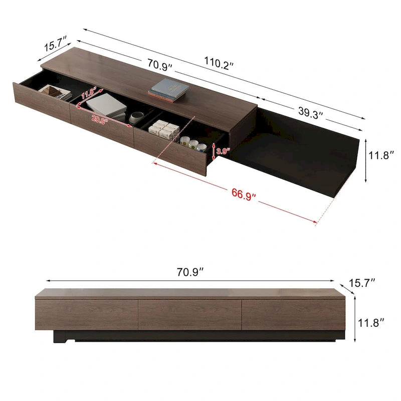 3-Drawers Retracted Extendable TV Stand Media Console In Stretch 70- 110