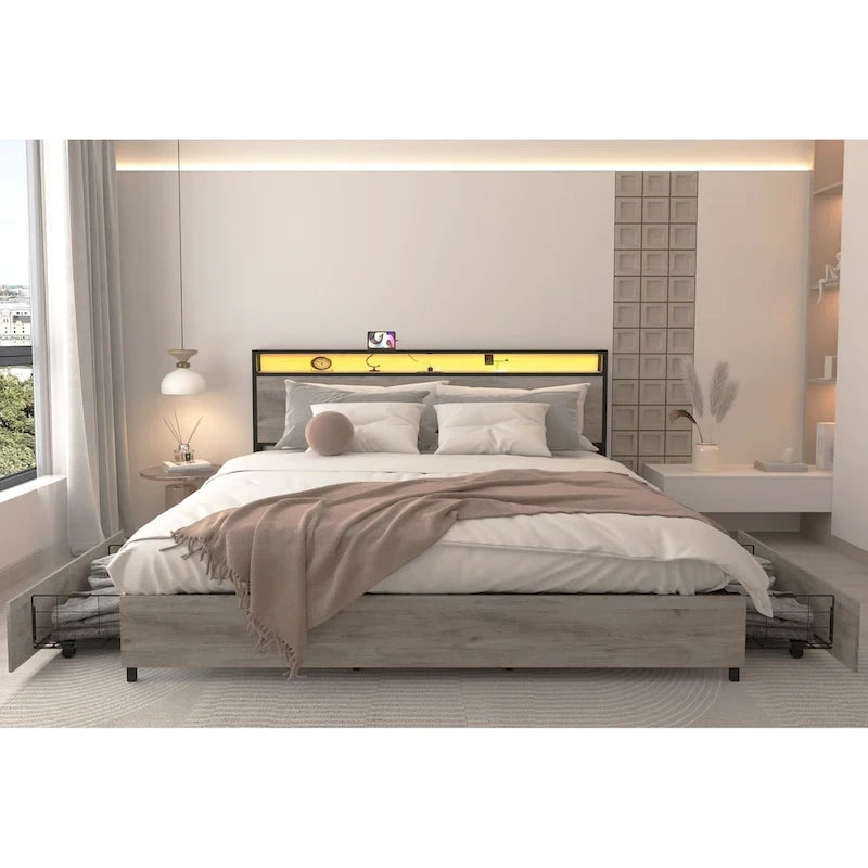 King Smart Storage Bed with LED Lights And Charging Station , 4 Drawers, 60,000+ RGB Colors