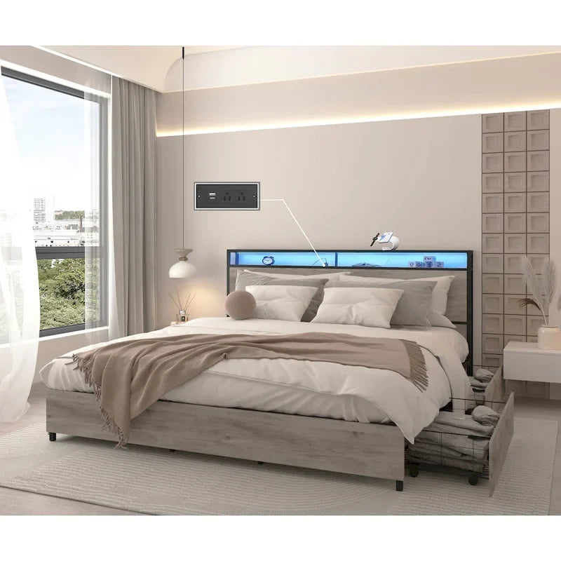 King Smart Storage Bed with LED Lights And Charging Station , 4 Drawers, 60,000+ RGB Colors